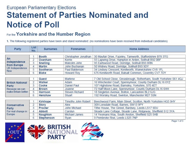 Yorkshire Nomination - European Parliamentary Elections - Statement of Parties Nominated and Notice of Poll - Yorkshire and the Humber Region 1